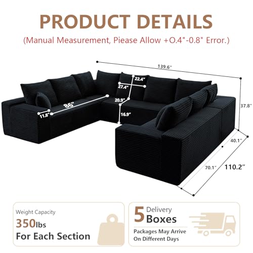 Image of Oversized Modular Sectional Sofa Couch, Large 8 Seater Corner Sofa Modern U Shaped Sectional Couch Cloud Couches for Living Room, Office, Spacious Space, Corduroy, No Assembly Required, Black