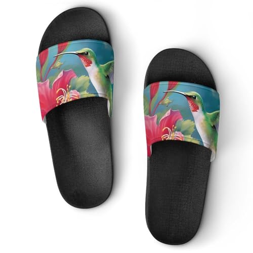 Hummingbirds Red Flower Hibiscus Non Slip Slides Sandals for Women Men Quick Drying Shower Shoes for Bathroom Pool Beach