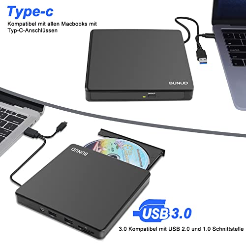 External CD DVD Drive, USB 3.0 & Type-C CD/DVD +/-RW ROM Burner Writer Rewriter with SD/TF & USB Ports, Optical Disc Drive DVD Player for Laptop PC Winodws 11/10 Mac MacBook Pro Air Apple iMac