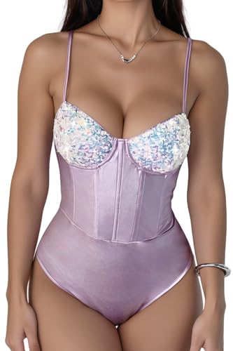FEOYA Body sexy de lentejuelas para mujer, sin mangas, corte alto, ropa interior sexy, ropa interior sexy, traje de una pieza, body brillante, sin espalda, morado, S