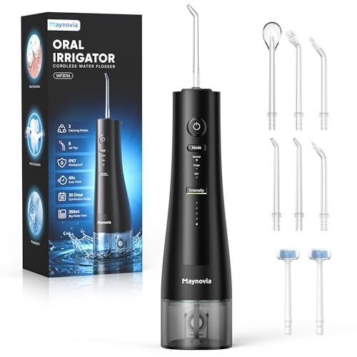 Image of Cordless Water Flosser for Teeth, U-Shaped Tip, 350ml Tank, Black | Plastic body, two-sided tooth cleaning, 3 modes, 40-150 PSI DIY pressure, IPX7-rated, USB-C, 8 tips, adults, braces, travel