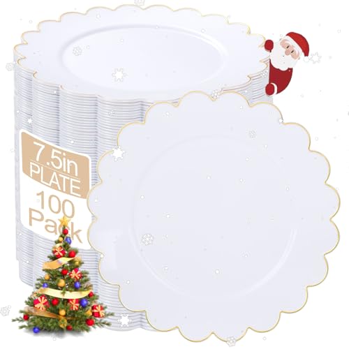 LIYH 100 Pcs White Plastic Cake Plates with Gold Edge, White Gold Dessert Plates 7.5", Appetizer Plastic Plate for Party Birthday