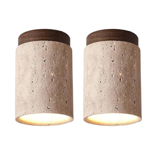 2 Pack Modern Travertine Flush Mount Ceiling Lights, Minimalist Wood