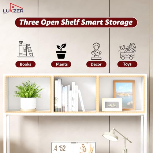 Image of Lukzer Wooden Study Table with Bookshelf & Hutch (MST-011 /White & White) Engineered Wood & Metal Office Desk with 3 Storage Shelf for Home | DIY Writing & Computer Table for Laptop /PC (150x103x50 cm)