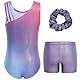 Gogokids Dreiteiliges Gymnastikanzug-Set für Mädchen, ärmellos, mit Shorts und Haarschleife, glitzernder Gymnastikanzug für Kinder mit Diamant-Details, Lila Farbverlauf., 150(140-150 cm,11-12Y)