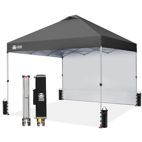 CROWN SHADES 10x10 Pop Up Canopy with 1 Side Wall - Beach Tent with One Push Setup - Outdoor Sun Shade for Events, Parties, Camping - Gazebo with STO-N-Go Cover Bag (Grid Grey)
