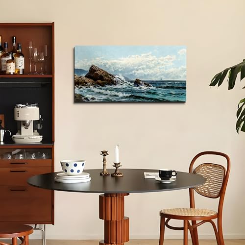 crmotu Coastal Large Wall Art, Ocean Landscape Vintage Oil Paintings, Blue Nature Scenic Canvas Art Prints, Waves and Rocks Pictures Wall Decor Living Room Bathroom Bedroom, Office Decor 20"X40"