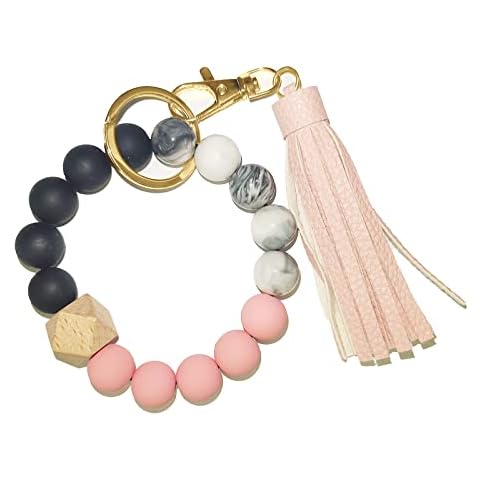 pitkalle Silicone Key Ring With Leather Tassel Bracelet Wristlet Keychain Silicone Elastic Beaded Bangle Key Rings for Women Girls Cover