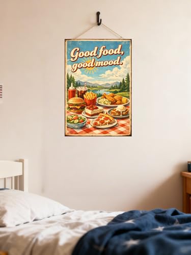 Good Food Good Mood Tin Sign Vintage Food Wall Decor Retro Picnic Meal Illustration Metal Poster Burger Pizza Dessert Art 8x12 Inch Kitchen Cafe Restaurant Display - Image 2