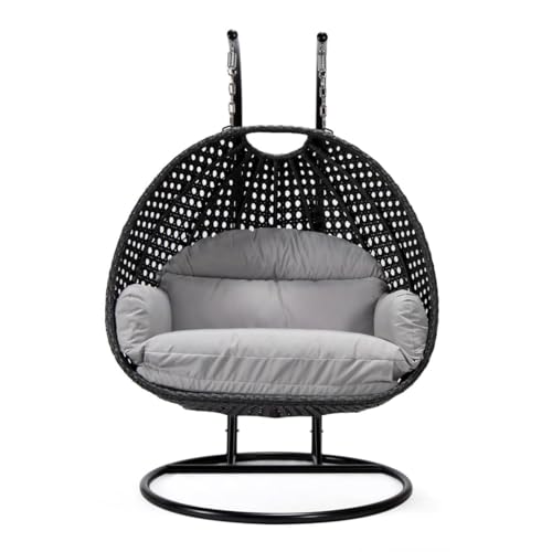 Image of Double Seater Hammock Swing Chair with Stand & Cushion | Heavy Duty Powder Coated Steel Frame | Outdoor Indoor Hanging Swing for Patio Balcony Garden Terrace Living Room (Black-Light.White)