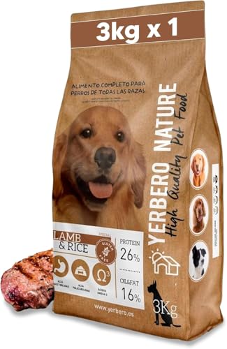 YERBERO Nature Lamb & Rice Pienso sin Gluten con Cordero para Perros - Alimento Hipoalergénico con Alta Digestibilidad - Comida Natural y Omega 3 y 26% de Proteína - 3 kg