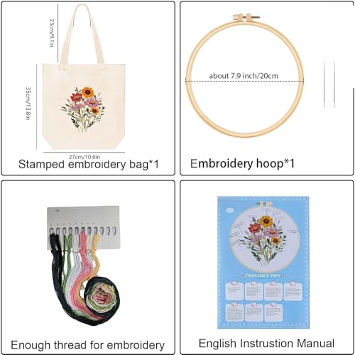 Image of Huacan Embroidery Canvas Bag Kits for Adults Beginner Stamped Flowers Pattern DIY Cross Stitch Printed Flower Stitching Sewing Kit