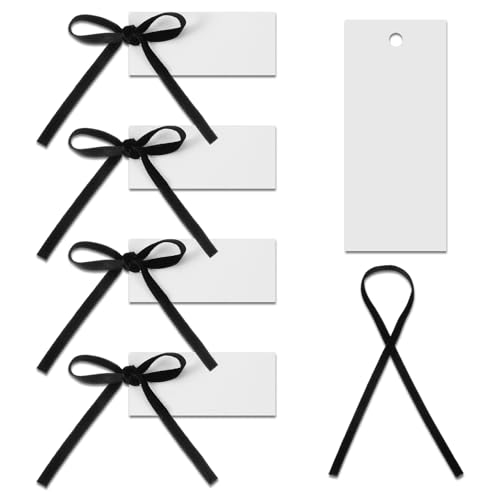 Lot de 50 marque-places vierges avec ruban en velours à suspendre pour mariage, fête, événement, 9 x 4 cm, noir et blanc