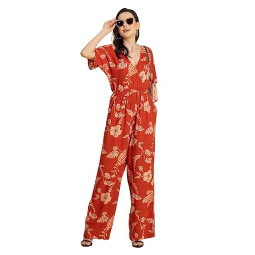 Moomaya Short Sleeve Full Leg Printed Rayon Jumpsuit - Women's Stylish Jumpsuit