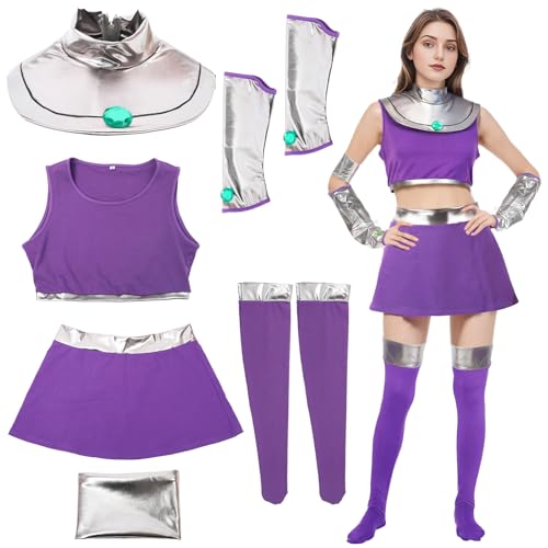 Lyxaof Starfire Costume for Women 6PCS Purple Princess Koriand'r Sexy Tops Skirt Halloween Anime Titans Cosplay Outfits Set
