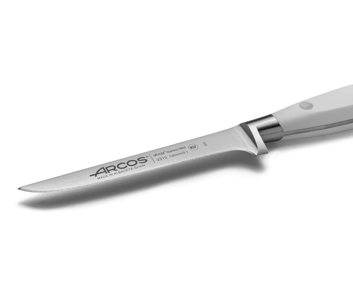 Arcos Cuchillo deshuesador Acero Inoxidable Nitrum 130 mm Profesional para cortar huesos carne Mango ergonómico polipropileno Serie Riviera Blanc