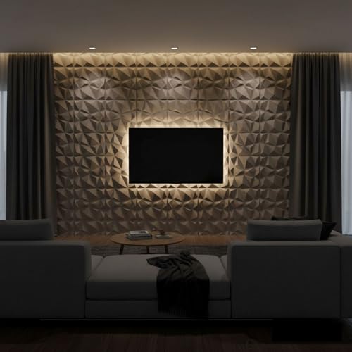 Image of Kayra Decor Wall Panels for Bedroom - PVC Diamond Design, Mega Graige Color 19.7 inch X 19.7 inch (Pack of 18) - Covers 48.51 Sq. Ft.