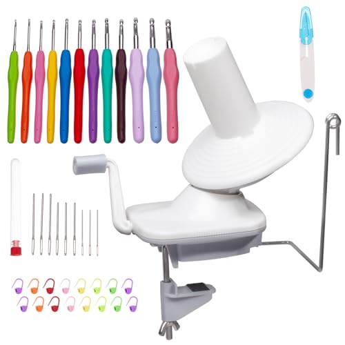 AMZTKDIY Yarn Winder Set with 12 Crochet Hooks | Electric & Manual Ball Winder for Crocheting | Large 10(3.5) oz Capacity, Stepless Speed Control, Low Noise (White-Gray (Manual Capacity 3.5oz))