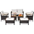 Tangkula 7 Pieces Patio Rattan Sofa Set, Outdoor Wicker Conversation Set w/Seat & Back Cushions, 2 Ottomans & 2 Coffee Tables, Acacia Wood Tabletop & Armrests, Wicker Sofa Set for Backyard, Poolside
