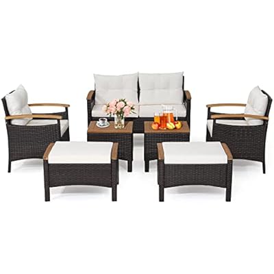 Tangkula 7 Pieces Patio Rattan Sofa Set, Outdoor Wicker Conversation Set w/Seat & Back Cushions, 2 Ottomans & 2 Coffee Tables, Acacia Wood Tabletop & Armrests, Wicker Sofa Set for Backyard, Poolside