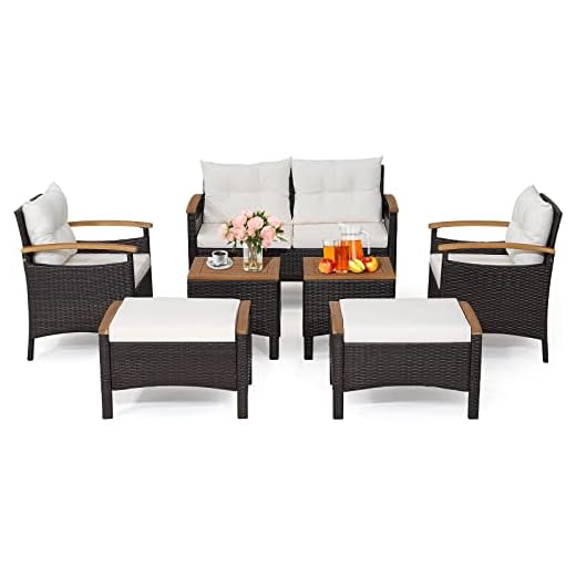 COSTWAY Salon de Jardin en Rotin PE 7 Pièces, Ensemble de Meubles d'Extérieur avec 1 Causeuse 2 Fauteuils 2 Poufs 2 Tables Basses Plateau en Bois d'Acacia Coussins, pour Patio Cour