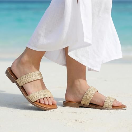 Image of Tilocow Women's Flat Sandals Two Strap Summer Dressy Studded Slide Sandals Open Toe Cute Casual Slip on Comfort Shoes for Beach Travel Daily Wear
