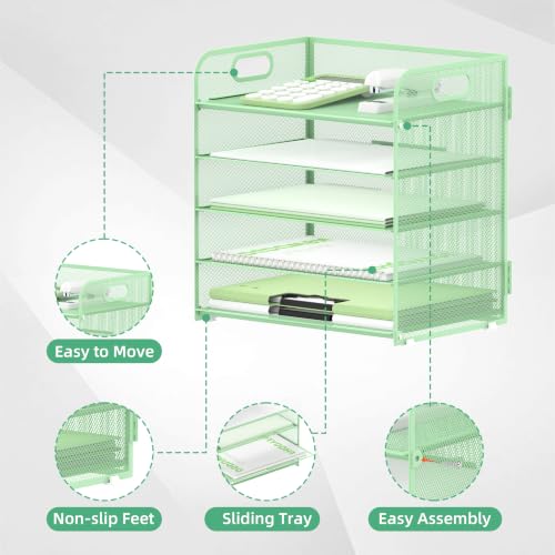 Image of Supeasy 5 Trays Paper Organizer Letter Tray with Handle-Mesh Desk File Holders, Paper Sorter Desk Organizer for Office, Home, Classroom or School(Mint Green)