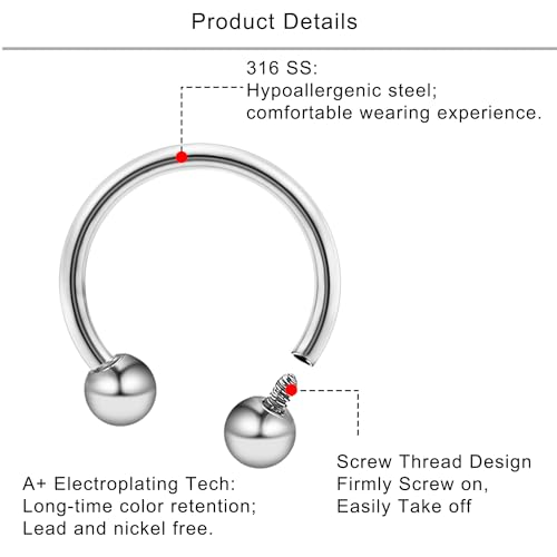 Lcolyoli 16g Septum Rings Internally Threaded Surgical Steel Septum Jewelry Lip Rings Hoop Labret Jewelry Horseshoe Earrings Daith Piercing Jewelry for Women Men3