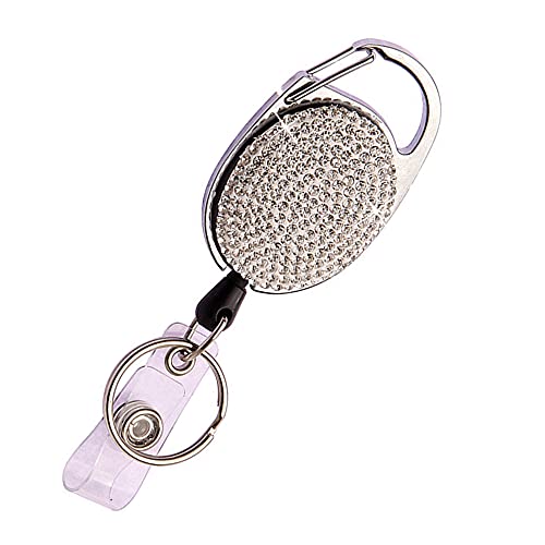 Bling Rhinestone Retractable Badge Reel, Glitter ID Badge Holder with Belt Clip and Key Ring, Pull Cord up to 24 inches