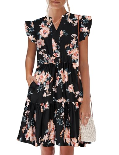 Image of HOTOUCH Women Printed Dress for Summer Short Ruffle Sleeve Dress Tiered Mini Dress with Pockets