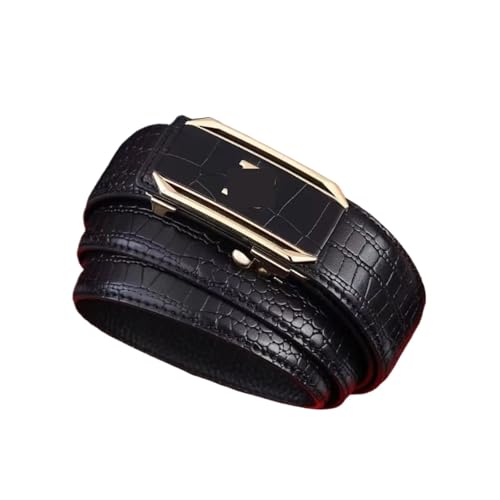 Business Leather Belt Automatic Buckle Waist Belt Man Crocodile Pattern Waistband(Black)