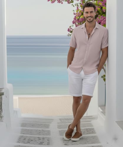 Image of VastraVibes Premium Cotton Linen Shirt for Men | Half Sleeve Slim Fit Casual Shirts | Lightweight Beach Wear & Festive Outfits | Trending Pastel Colors