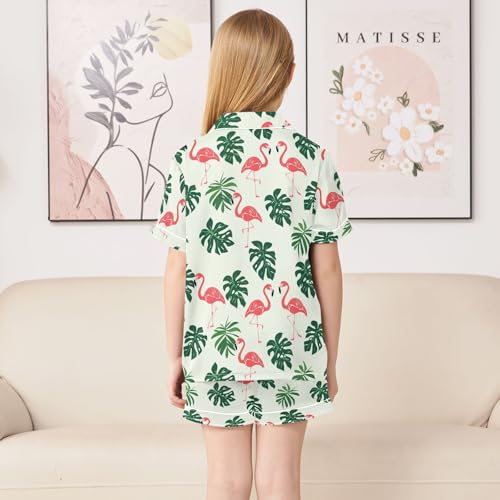Flamingo and Monster Leaves Summer Satin Pajama Set, Cute Button-Down Sleepwear Pj Set for Sleep Wears4