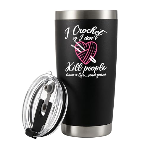 Panvola I Crochet So I Don't Kill People Save A Life Send Yarn Crochet Gifts Vacuum Insulated Tumbler Knitting Gifts For Grandma Auntie Mom Mothers Day Travel Mug with Lid Straw 20 oz Black