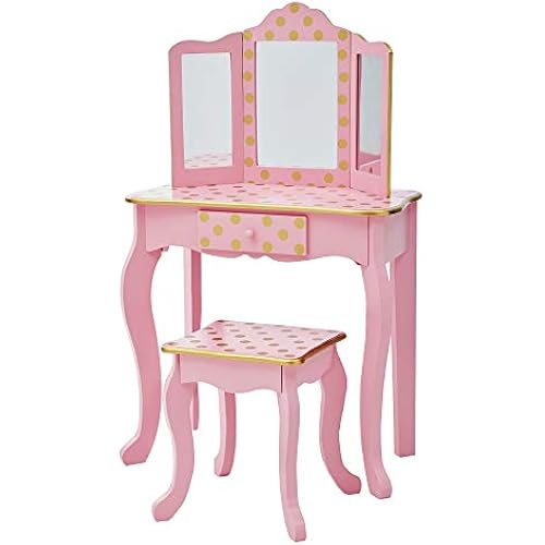 Teamson Kids Pretend Play Kids Vanity, Table & Chair Vanity Set with Mirror, Girls Makeup Dressing Table with Storage Drawer & Polka Dot Print, Gisele Collection, Pink/Gold