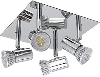 CASPERi Modern 4 Way LED Ceiling Lights Square Chrome Plate Adjustable and Rotatable GU10 LED Ceiling Spotlights for Kitchen Bedroom Loft Living Room (Chrome No Bulb)