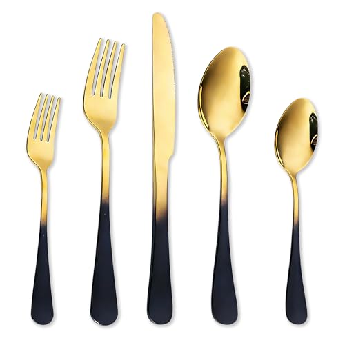 Black Silverware Set for 8 Modern 40 Piece Flatware Set 18/10 Stainless Steel Unique Black Gradual Change Gold Cutlery Utensils Sets for Home Kitchen Restaurant Tableware Set Mirror Polished by TWEE - Image 8