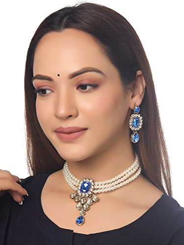 Image of Yellow Chimes Jewellery Set for Women and Girls White Beads Necklace Set for Women | Gold Tone Blue Crystal Choker Necklace Set | Birthday Gift for girls & women Anniversary Gift for Wife
