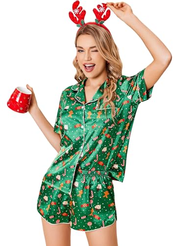 Ekouaer Womens Silk Satin Pajamas Set Short Sleeve Sleepwear Button Down Loungewear 2 Piece Pjs Shorts Set Christmas Candy Green Medium