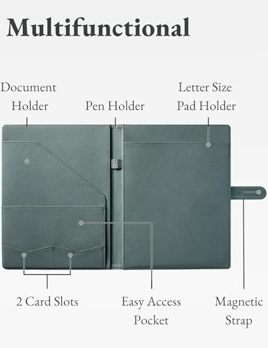 Image of Mymazn Padfolio Portfolio Folder, Faux Leather Interview Resume Folder with Document Organizer & Business Card Holder, Letter-Sized Notepad Legal Pad Holder for Men Women (Grey Green)
