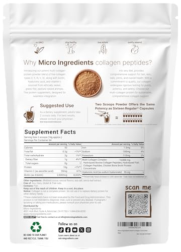 Image of Micro Ingredients Multi Collagen Peptides Powder, 2lb | Type I, II, III, V, X + Biotin, Vitamin C & Hyaluronic Acid | Chocolate Flavor | Supports Hair, Skin & Joint Health | Keto, Non-GMO