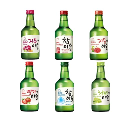 YIJIA | Pack 6 x 350ml Vino Soju Koreano Juego de todos los sabores (Original，Fresa，Ciruela，Uva，Pomelo，Fresh) - El soju es una bebida muy popular en Corea