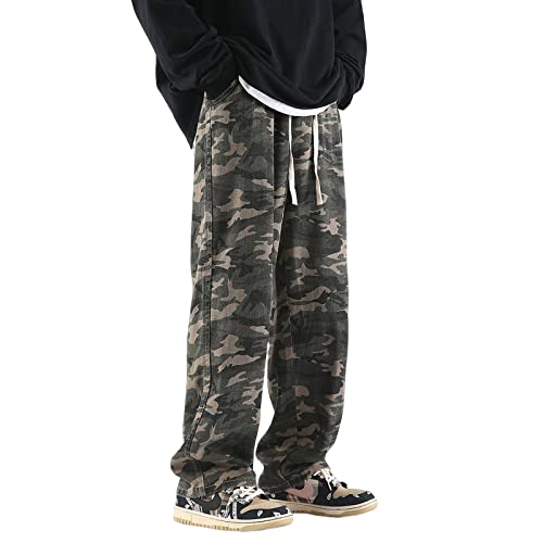 Mens Patchwork Jeans Baggy High Waisted Straight Wide Leg Y2k Loose Camo Jeans Streetwear Denim Pants for Teen Boys