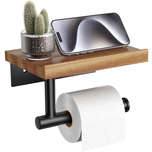 Image of Tindbea Toilet Paper Holder with Wood Shelf, Wooden Wall Mount Tissue Paper Roll Holder, Matte Black Stainless Steel Bathroom Accessories Decor for Home (Sapele, Matte Black)