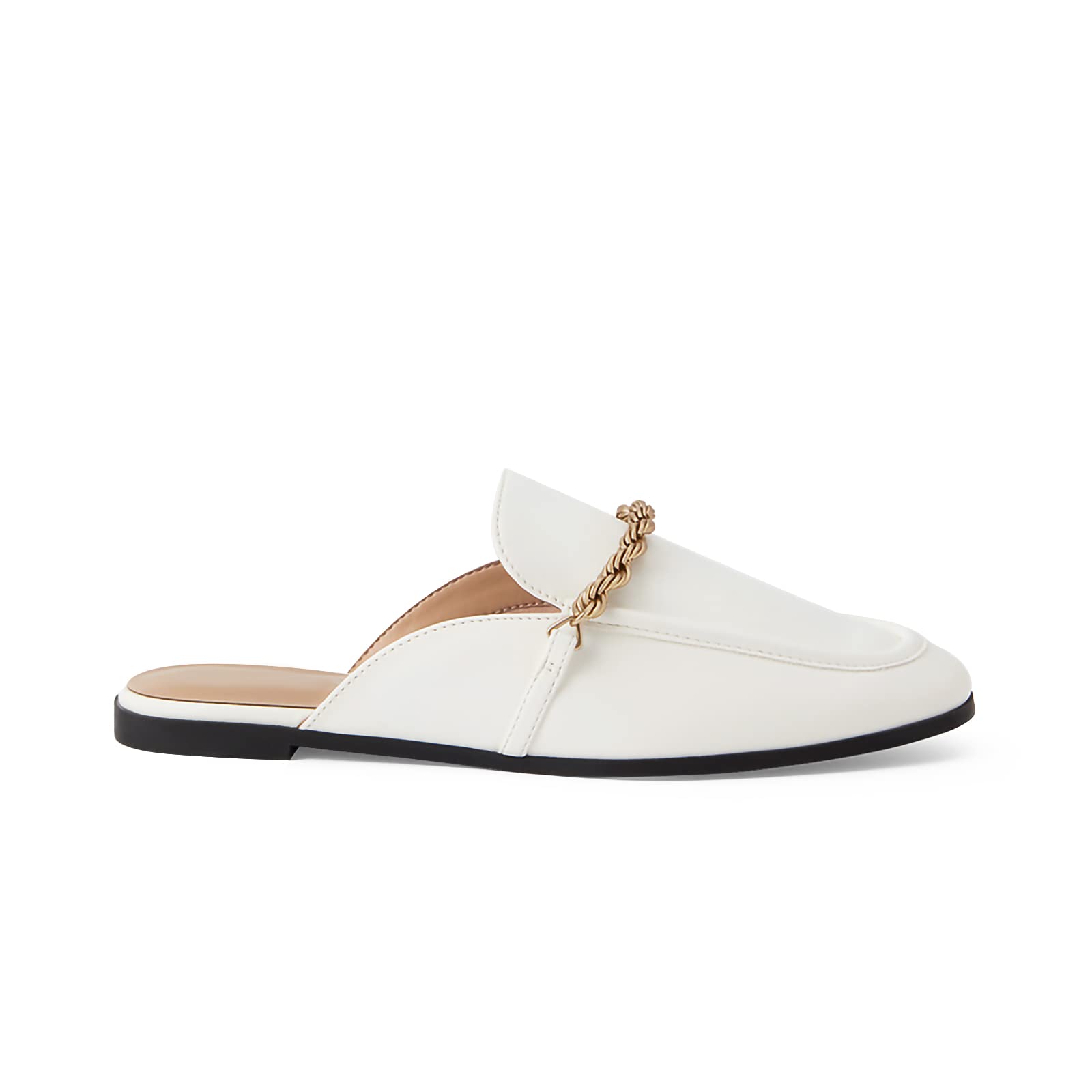 Womens Mules Flats Slip on Chain Low Heel Closed Toe Backless Loafers Sandals White