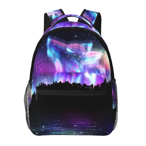 UEQIKI Mochila de viagem leve Galaxy Wolf com bolso frontal com zíper impressa, bolsa para laptop, moderna, casual, mochila para trabalho, caminhada, acampamento, unissex