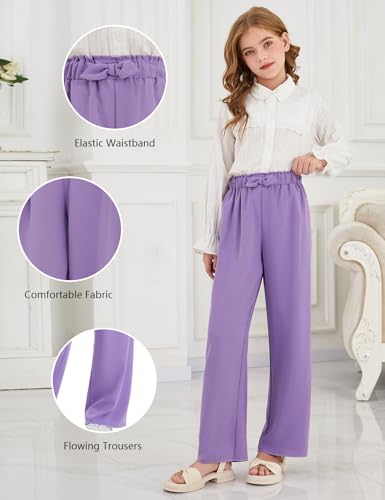 Image of Girls Wide Leg Palazzo Pant Loose Straight Cute Bow Waist Spring Summer Lightweight Dress Pant for Kids 5-14Y