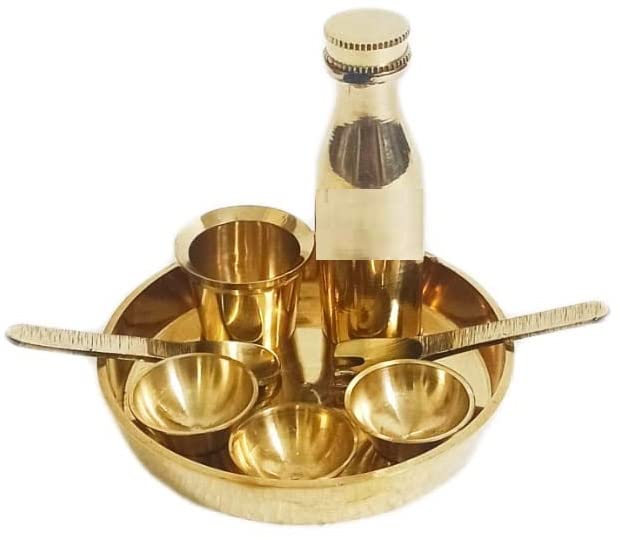 Tirtha Enterprises Brass Traditional Brass Palm Size Miniature Kitchen Toy Set, Golden, Dinner Set/Bhojan thali Miniature (Toy) for Laddu Gopal and Kids (B0BMM23KRX) Amazon Price History, Amazon Price Tracker