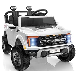 First Ride On 24V Kids Ride On Truck, Licensed Ford F-150 Raptor 2 Seater Electric Car w/Remote Control, Toddler Ride On Car Toys w/LED Lights, Bluetooth, Music, Truck Bed Storage, Soft Start (White)