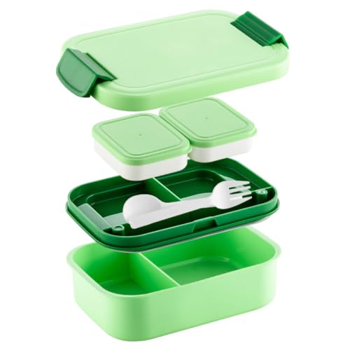 Image of YELONA Lunch Box for Office & Kids 1900ML | Double Layer Leakproof Bento Box with 5 Compartments | Microwave Safe, Built-in Spoon & Fork, BPA Free Tiffin Box - Green